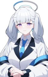 1girl blue_archive blue_necktie borrowed_hairstyle breasts closed_mouth collared_shirt earrings halo highres jacket jewelry jinhsi_(wuthering_waves) large_breasts long_hair looking_at_viewer low_twintails necktie noa_(blue_archive) off_shoulder purple_eyes reia_76 shirt simple_background smile solo twintails upper_body white_background white_jacket white_shirt wuthering_waves