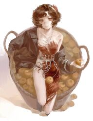 1girl absurdres black_coat black_hair breasts bucket coat dress feather_dress feather_hair_ornament feathers food from_above fruit full_body hair_ornament hand_up highres holding holding_food holding_fruit in_bucket in_container jewelry medium_breasts necklace orange_(fruit) red_dress red_eyes red_feathers reverse:1999 schneider_(reverse:1999) short_hair single_bare_shoulder single_off_shoulder sitting smile solo strapless strapless_dress white_background xy_mt2528
