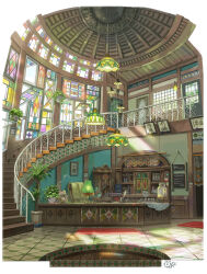 book bookshelf carpet chair chandelier concept_art couch door highres indoors jar lamp no_humans original painting_(object) plant poten potted_plant railing scenery shelf signature stained_glass stairs sunlight table tile_floor tiles vase window