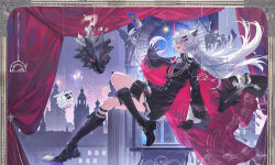 1girl absurdres ahoge animal_ears arknights black_gloves black_skirt boots border building cape clock clock_tower curtains eyelashes fengjian_yuzhi floating_hair full_body gloves hair_between_eyes hair_ornament hairpin high-waist_skirt highres lappland_(arknights) lappland_the_decadenza_(arknights) long_hair long_sleeves looking_afar open_mouth ornate_border scar scar_on_face sharp_teeth skirt solo teeth tongue tower two-sided_cape two-sided_fabric white_eyes white_hair wolf_ears wolf_girl