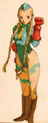 1girl bengus beret blonde_hair blue_eyes bodypaint boots braid brown_boots cammy_white capcom facial_scar game_cg gloves hat highleg highleg_leotard highres leotard long_hair marvel marvel_vs._capcom marvel_vs._capcom_2 non-web_source official_art scan scar scar_on_cheek scar_on_face simple_background sleeved_leotard solo street_fighter twin_braids