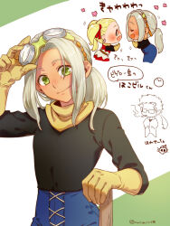 1girl 2boys adjusting_eyewear androgynous black_shirt blonde_hair blue_pants blush border borrowed_design captain_whitebones_(dqb2) chibi chibi_inset closed_eyes commentary_request dragon_quest dragon_quest_builders_2 dress earrings female_builder_(dqb2) glasses gloves goggles goggles_on_head green_border green_eyes grey_hair hair_pulled_back hair_ribbon highres hoop_earrings humanization jewelry kasiwamoti11 looking_at_viewer low_ponytail male_builder_(dqb2) motion_lines multiple_boys neckerchief opaque_glasses open_mouth pants parted_bangs pointy_ears ponytail red_ribbon ribbon shirt silver_earrings smile smoking tan translation_request twintails twitter_username yellow_gloves yellow_neckerchief