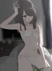 Rule 34 | 1girl, arm up, armpits, bandaid, bandaid on face, bare arms, bare shoulders, bed, bed sheet, black hair, blanket, blurry, bow, bow bra, bra, breasts, brown eyes, brown hair, collarbone, curtains, depth of field, dot pupils, hair over one eye, hand on own head, highres, holding, holding toothbrush, indoors, jitome, light blush, looking at another, medium hair, multicolored eyes, navel, oissu tiwassu, on bed, one eye covered, original, panties, parted lips, side-tie panties, sidelighting, sitting, small breasts, solo, stomach, strap slip, television, thighs, toothbrush, toothpaste, two-tone eyes, under covers, underwear, underwear only, wariza, white bra, white panties