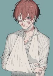 Rule 34 | 1boy, aqua background, aqua eyes, arm sling, bandage over one eye, bandaged arm, bandages, blood, blood on face, bruise, bruise on face, bruise on neck, bruised eye, cigarette burn, collared shirt, crying, crying with eyes open, eyepatch, hair between eyes, hypnosis mic, injury, kannonzaka doppo, light frown, looking to the side, male focus, medical eyepatch, multicolored hair, nosebleed, pale skin, partially unbuttoned, piercing hole, pinstripe pattern, pinstripe shirt, raised eyebrows, red hair, removing fingernails, reverse ryona, shirt, short hair, simple background, sleeves rolled up, solo, streaked hair, striped clothes, striped shirt, sweat, tears, track marks, upper body, wata i, white shirt
