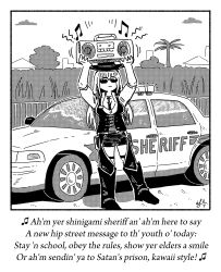 1girl absurdres bodice boots breasts car chaps commentary cowboy_boots cowboy_hat english_commentary english_text ford ford_crown_victoria ford_crown_victoria_(2nd_generation) frown greyscale hat highres holding_boombox hololive hololive_english large_breasts long_hair monochrome mori_calliope mori_calliope_(sheriff) motor_vehicle musical_note necktie official_alternate_costume palm_tree police_car shirt shorts thigh_strap tree v-shaped_eyebrows virtual_youtuber william_leonard