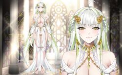 1girl absurdres artist_request braid braided_sidelock breasts cleavage gem green_eyes green_gemstone green_hair half_updo highres indie_virtual_youtuber jewelry large_breasts long_hair multicolored_hair ribbon seldea slit_pupils snake_girl two-tone_hair very_long_hair virtual_youtuber white_hair