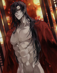 1boy abs absurdres bare_pectorals black_hair blurry blurry_background chinese_clothes collarbone ear_piercing earrings eyepatch falling_petals groin hair_over_one_eye hanfu highres hua_cheng jewelry lantern long_hair looking_at_viewer male_focus muscular muscular_male navel nipples nude one_eye_covered open_clothes open_robe parted_lips pectorals petals piercing pointy_ears red_eyes red_petals red_robe robe ronpu_cooing solo tianguan_cifu