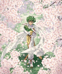 1boy animal animal_ears animalization artist_name cat cat_boy cat_ears cherry_blossoms earrings ferio_(rayearth) full_body gloves grass green_hair highres holding holding_animal holding_cat jewelry kemonomimi_mode laki_(laki_cu) looking_at_viewer low_ponytail magic_knight_rayearth male_focus person_and_animalization ponytail scarf signature solo split_mouth white_gloves white_scarf yellow_eyes