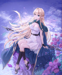 1girl aqua_eyes arm_support black_sandals blonde_hair braid breasts cape cleavage closed_mouth cloud commentary elf eltolinde_(unicorn_overlord) english_commentary falling_petals floating_hair flower frilled_leotard frills full_body gold_trim green_cape hair_between_eyes highres legs leotard leotard_under_clothes long_hair looking_ahead medium_breasts petals pink_flower pink_rose pointy_ears polearm purple_flower purple_rose reflection reflective_water rock rose sandals see-through_clothes see-through_skirt sitting skirt sky solo thighs twin_braids unicorn_overlord vambraces very_long_hair water weapon white_leotard white_skirt yuzuriha_(atelier_liang)