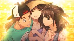 2girls bare_legs baseball_cap blue_vest blurry bokeh breasts brown_eyes brown_hair closed_mouth collarbone denim_vest depth_of_field dress fukuda_tomonori game_cg green_shirt group_hug hair_between_eyes hat high_heels high_ponytail highres hug jewelry long_hair looking_at_another multiple_girls necklace nervous_sweating ocean official_alternate_costume official_art open_mouth orange_theme pink_shirt ponytail ponytail_with_braided_base red_eyes red_hair robotics;notes robotics;notes_dash science_adventure senomiya_akiho senomiya_misaki shiny_eyes shirt short_sleeves shorts siblings sisters sleeveless sleeveless_dress small_breasts smile striped_clothes striped_shorts sunset surprised sweat t-shirt tongue upper_body vertical-striped_clothes vertical-striped_shorts vest white_dress yashio_kaito