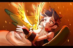 2boys ahoge angel angel_wings black_hair burning dark_pit glowing glowing_wings highres hug kid_icarus kid_icarus_uprising laurel_crown letterboxed male_focus multiple_boys nintendo onigiri_(onigir_sio) pit_(kid_icarus) red_eyes wings