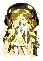 1girl absurdres blacephalon blonde_hair border buzzwole cccacademia character_name closed_mouth collarbone diamond_(shape) dress eyelashes gem gen_7_pokemon green_eyes green_gemstone hand_on_own_hip highres leggings long_hair looking_at_viewer lusamine_(pokemon) mixed-language_commentary nihilego nintendo pheromosa pokemon pokemon_(creature) pokemon_sm short_dress signature ultra_beast white_border white_dress white_leggings yellow_background