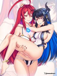 2girls ahoge anklet artist_name barefoot bikini blue_hair blue_lips breasts carrying cleavage closed_mouth colored_inner_hair cowboy_shot demon_horns elizabeth_rose_bloodflame etchimune eyelashes feet foot_out_of_frame gold_trim hair_between_eyes hair_ornament hololive hololive_english horns impossible_clothes impossible_swimsuit jewelry large_breasts legs lipstick lipstick_mark lipstick_mark_on_face lipstick_mark_on_neck looking_at_another makeup mole mole_under_eye multicolored_hair multiple_girls nail_polish nerissa_ravencroft one-piece_swimsuit princess_carry red_eyes red_hair second-party_source sideboob sidelocks smile swimsuit tassel toenail_polish toenails toes twitter_username virtual_youtuber white_bikini yuri zoom_layer