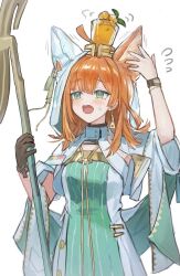 Rule 34 | 1girl, @ @, ahoge, animal ears, arknights, blush, brown gloves, commentary request, cup, dress, drink, drinking glass, earrings, flying sweatdrops, gloves, green dress, green eyes, holding, jewelry, juice, medium hair, motion lines, nervous, open mouth, orange hair, orange juice, papyrus (arknights), pimi, simple background, single glove, solo, white background, white dress