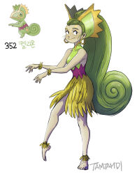 1girl barefoot black_eyes bright_pupils closed_mouth commentary earrings facepaint full_body gen_3_pokemon grass_skirt green_hair green_shirt grey_hair highres hoop_earrings jewelry kecleon long_hair looking_at_viewer nintendo personification pokemon pokemon_(creature) reference_inset shirt signature simple_background smile tamtamdi translated very_long_hair white_background white_pupils