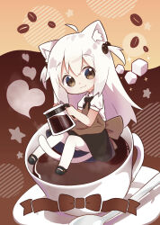 Rule 34 | 1girl, :3, absurdres, ahoge, animal ear fluff, animal ears, apron, back bow, black bow, black bowtie, black shoes, black skirt, bow, bowtie, brown apron, brown bow, brown eyes, cat ears, cat girl, cat tail, closed mouth, coffee, coffee bean hair ornament, coffee mug, coffee pot, collared shirt, commentary request, cup, fang, full body, highres, holding, holding coffee pot, in container, in cup, long hair, mary janes, mini person, minigirl, mug, nipeira, pantyhose, plate, puffy short sleeves, puffy sleeves, shirt, shoes, short sleeves, sidelocks, sitting, skin fang, skirt, smile, solo, spoon, sugar cube, tail, tama world coffee, tamako (tama world coffee), two side up, white hair, white pantyhose, white shirt