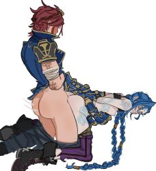 1futa 1girl arcane:_league_of_legends arcane_jinx arcane_vi ass bandaged_arm bandages biceps biting_own_lip blue_hair blue_jacket boots braid braided_ponytail breasts closed_eyes clothes_pull cloud_tattoo crop_top from_behind futa_with_female futanari gauntlets goggles goggles_on_head highres ii_oi_i implied_futanari incest jacket jinx_(league_of_legends) kneeling league_of_legends long_hair muscular muscular_female nipples pants pants_pull red_hair restrained sex sex_from_behind short_hair siblings sisters small_breasts striped_clothes striped_pants tattoo thighs twin_braids vi_(league_of_legends)