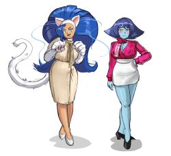Rule 34 | 2girls, animal ears, animal hands, blue hair, blue skin, breasts, cat ears, cat tail, colored skin, darkstalkers, felicia (darkstalkers), green eyes, highres, hsien-ko, large breasts, long hair, long sleeves, looking at viewer, multiple girls, office lady, purple hair, short hair, skirt, tail, tallinax, very long hair, white fur