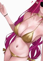1girl bare_shoulders bikini blush bow breasts choker cleavage closed_mouth collarbone commentary hair_bow heart highres hololive hololive_english irys_(hololive) large_breasts long_hair navel pink_hair pointy_ears simple_background smile solo stomach sunglasses swimsuit thighs unmeidesu very_long_hair virtual_youtuber white_background wristband yellow_bikini yellow_bow yellow_choker