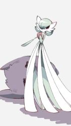 bob_cut colored_skin dress gardevoir gen_1_pokemon gen_3_pokemon gengar green_hair green_skin grey_background hair_over_one_eye highres lying multicolored_skin narumiya_pkmn nintendo on_side pokemon pokemon_(creature) red_eyes simple_background two-tone_skin white_dress white_skin
