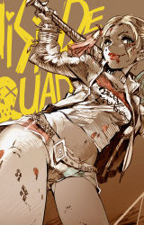 1girl animification baseball_bat batman_(series) belt blonde_hair blood bracelet choker clothes_writing dc_comics dccu english_text eyeshadow female_focus fingerless_gloves gloves graffiti harley_quinn heart highres holster jacket jewelry lips makeup midriff navel pink_hair shimizu_eiichi shirt short_shorts shorts shoulder_holster smile solo spade spiked_bracelet spikes studded_belt suicide_squad tattoo torn_clothes torn_shirt twintails wall