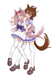 2girls agnes_digital_(umamusume) agnes_tachyon_(umamusume) ahoge animal_ears blue_eyes blush bow bowtie brown_hair brown_shoes carrying carrying_person commentary crazy_eyes ear_ornament frilled_skirt frills full_body furrowed_brow hair_bow highres horse_ears horse_girl horse_tail horseshoe_ornament lifting_person long_hair mary_janes medium_hair multiple_girls panicking pink_hair pink_tail pleated_skirt puffy_short_sleeves puffy_sleeves purple_bow purple_bowtie purple_shirt red_bow red_eyes sailor_collar sailor_shirt school_uniform shirt shoes short_sleeves simple_background skirt standing summer_uniform sweat tail thighhighs tracen_school_uniform two_side_up umamusume wawo_nn white_background white_sailor_collar white_skirt white_thighhighs wolf_cut zettai_ryouiki