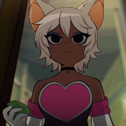 1girl black_choker black_eyes blurry blurry_background chaos_emerald character_request choker closed_mouth copyright_request dark-skinned_female dark_skin gem hair_between_eyes heart highres holding holding_gem iheartlinkk looking_at_viewer rouge_the_bat short_hair solo sonic_(series) white_hair