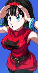 Rule 34 | 1girl, artist request, bare arms, bare shoulders, black hair, black pantyhose, blue background, blue eyes, bracelet, breasts, cowboy shot, dragon ball, dragon ball super, dress, eyebrows, eyelashes, female focus, hairband, highres, jewelry, large breasts, medium hair, pantyhose, parted lips, red dress, red hairband, sleeveless, sleeveless dress, solo, videl, wide hips