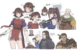 2girls adel_(unicorn_overlord) armor aubin_(unicorn_overlord) character_name clive_(unicorn_overlord) colm_(unicorn_overlord) cup heart highres horse melisandre_(unicorn_overlord) mordon_(unicorn_overlord) mug multiple_boys multiple_girls multiple_views nina_(unicorn_overlord) renault_(unicorn_overlord) spoken_heart teshima_nari unicorn_overlord weapon white_background
