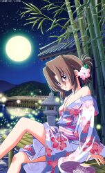 1girl absurdres bamboo bare_shoulders blush breasts bride brown_hair bug cleavage collarbone firefly folded_ponytail hair_ornament hand_fan hata_kenjirou hayate_no_gotoku! highres insect japanese_clothes kimono legs long_hair looking_at_viewer maria_(hayate_no_gotoku!) medium_breasts moon mountain night night_sky official_art outdoors red_eyes river sitting sky smile solo star_(sky) starry_sky strap_slip thighs