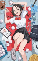 1girl :o absurdres arms_up bag baseball baseball_glove black_skirt bottle bow bowtie brown_eyes clipboard from_above highres lying manemane_nichinichi medium_hair nagisa_akane on_back pen red_bow red_bowtie school_bag school_uniform shirt shoes short_sleeves skirt sneakers solo spill sweat tinkie untied_shoelaces water_bottle white_shirt