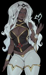 bare_shoulders big_hair black_background breasts cleavage_cutout clothing_cutout dark-skinned_female dark_skin electricity highres lips long_hair marvel marvel_tokon:_fighting_souls medium_breasts pants simple_background storm_(x-men) very_dark_skin white_pants x-men ykshelter