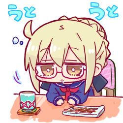 1girl :o ahoge artoria_pendragon_(fate) black-framed_eyewear blonde_hair blue_sailor_collar blue_shirt blush braid braided_bun brown_eyes chibi commentary_request cup drooling fate/grand_order fate_(series) glasses hair_between_eyes hair_bun kasuga_yuuki long_sleeves mysterious_heroine_x_alter_(fate) on_chair parted_lips sailor_collar saliva school_uniform semi-rimless_eyewear serafuku shirt simple_background sleepy sleeves_past_wrists solo table under-rim_eyewear upper_body white_background yunomi