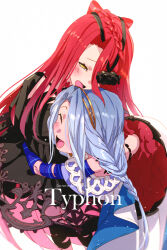 2girls bare_shoulders black_dress blue_eyes blue_hair blue_ribbon blush bow braid breasts character_name choker closed_eyes dress dual_persona echo_(circa) fate/grand_order fate_(series) hair_between_eyes hair_over_one_eye hairband hug long_hair long_sleeves looking_at_viewer multiple_girls open_mouth red_hair ribbon small_breasts smile typhon_ephemeros_(fate) typhon_ephemeros_(second_ascension)_(fate) typhon_epsilon_(fate) very_long_hair white_dress wide_sleeves yellow_eyes
