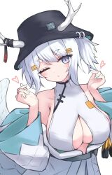 1girl ;o antlers aqua_nails bare_shoulders blush breasts bucket_hat chinese_zodiac cleavage cleavage_cutout clothing_cutout collarbone dragon_girl dragon_horns dragon_tail dress grey_eyes hair_ornament hairclip hands_up hat heart highres horns kuyuyu_(vrchat) large_breasts long_sleeves looking_at_viewer nail_polish off_shoulder oldsaki one_eye_closed short_hair sideboob simple_background solo tail thick_eyebrows upper_body vrchat white_background white_dress white_hair wide_sleeves year_of_the_dragon