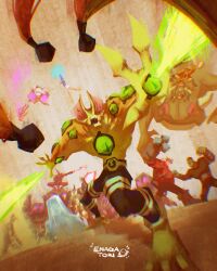 3girls 6+boys absurdres acid_breath battle ben_10 black_pants charmcaster chromatic_aberration clancy_(ben_10) claws colored_skin commentary dr._animo enagatori_38 english_commentary extra_eyes eye_guy frightwig glowing green_eyes gwen_tennyson highres long_hair magic max_tennyson monster mov multiple_boys multiple_girls mutant_frog omnitrix open_mouth panties pants red_knight_(ben_10) red_shirt rock_monsters_(ben_10) rojo_(ben_10) shirt signature sir_driscoll striped_clothes striped_panties sublimino thumbskull topless_male underwear weapon