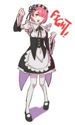 Rule 34 | 1girl, apron, black shoes, female focus, full body, highres, maid, maid apron, maid headdress, mary janes, matching hair/eyes, pink eyes, pink hair, ram (re:zero), re:zero kara hajimeru isekai seikatsu, rv (gvdn7245), shoes, short hair, solo, white legwear