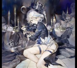 1girl ascot black_ascot black_footwear black_gloves blue_brooch blue_eyes blue_hair blue_hat blue_jacket candle candlestand cowlick floor_tiles flower foot_out_of_frame furina_(genshin_impact) genshin_impact gloves hair_intakes hat heterochromia high-waist_shorts high_heels highres jacket light_blue_hair long_hair long_sleeves looking_at_viewer on_floor parted_lips pillarboxed rose shorts smile solo thigh_strap top_hat white_flower white_rose white_shorts xuemen