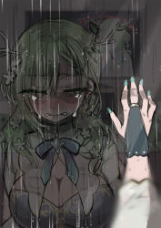 0-pie 1girl antler_ribbon antlers black_gloves blush braid braided_bangs branch breasts ceres_fauna cleavage crying crying_with_eyes_open dress eyelashes flower gloves green_hair hair_between_eyes hair_branch hair_flower hair_ornament highres hololive hololive_english horns jewelry large_breasts leaf long_hair long_sleeves parted_lips rain reflection ring solo tears tree_horns virtual_youtuber white_dress window