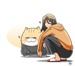 Rule 34 | 1girl, black eyes, brown hair, cat, delinquent, grey skirt, hair between eyes, highres, hood, hoodie, long hair, long sleeves, orange hoodie, original, sandals, shou0829, signature, simple background, skirt, slav squatting, squatting, sukeban, sunglasses