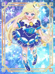 1girl :d arm_at_side artist_name blonde_hair blue_dress blue_eyes blue_shoes border chii_(chi_pppuri) commentary copyright_notice crown dot_nose dress full_body hand_up highres himitsu_no_aipri hoshikawa_mitsuki idol_clothes idolmaster idolmaster_cinderella_girls idolmaster_cinderella_girls_starlight_stage jewelry legs_apart long_hair looking_at_viewer looking_up mini_crown necklace open_mouth ornate_border outline pearl_necklace pretty_series puffy_short_sleeves puffy_sleeves shoes short_dress short_sleeves smile solo sparkle standing straight_hair symbol-only_commentary twitter_username v watermark white_outline