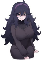 Rule 34 | 1girl, @ @, absurdres, ahoge, breasts, dress, edmonmondo, hairband, hex maniac (pokemon), highres, large breasts, long hair, looking at viewer, messy hair, nintendo, pokemon, pokemon xy, purple dress, purple eyes, purple hair, purple hairband, sitting, smile, solo, white background