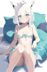 ahoge animal_ear_fluff animal_ear_piercing animal_ears bikini blue_eyes braid breasts daimyojin_t fox_ears fox_girl fox_tail frills highres hololive navel pentagram pillow shirakami_fubuki side_braid single_braid sitting small_breasts swimsuit tail thighs virtual_youtuber white_bikini white_hair