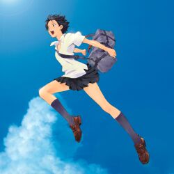 Rule 34 | 1girl, :d, bag, black hair, black skirt, black socks, blue bag, blue sky, blurry, blush, bokeh, breasts, brown eyes, brown shoes, cloud, collared shirt, cumulonimbus cloud, day, depth of field, duffel bag, foot up, full body, highres, holding, holding bag, jumping, key visual, kneehighs, konno makoto, loafers, looking ahead, non-web source, official art, open mouth, outdoors, pleated skirt, polo shirt, promotional art, sadamoto yoshiyuki, school bag, school uniform, shirt, shoes, short hair, short sleeves, skirt, sky, small breasts, smile, socks, solo, strap, teeth, textless version, toki wo kakeru shoujo, upper teeth only, very short hair, white shirt