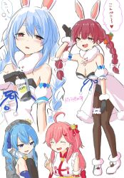 4girls :d animal_ear_fluff animal_ears arm_up bare_shoulders black_gloves black_leotard blue_hair bow braid breasts brown_eyes brown_pantyhose can carrot_hair_ornament cleavage cosplay detached_sleeves don-chan_(usada_pekora) dress food-themed_hair_ornament fur-trimmed_dress fur-trimmed_gloves fur_trim gloves grey_hat grey_jacket hair_between_eyes hair_bow hair_ornament half-closed_eyes hat heart heart-shaped_eyes heterochromia highres holding holding_can hololive hoshimachi_suisei houshou_marine jacket japanese_clothes kimono kiritoma large_breasts leotard long_hair multicolored_hair multiple_girls one_side_up open_mouth pantyhose parted_lips pink_hair plaid_clothes plaid_hat plaid_jacket puffy_short_sleeves puffy_sleeves purple_eyes rabbit-shaped_pupils rabbit_ears red_eyes red_hair revision sakura_miko shoes short_sleeves side_ponytail sleeveless sleeveless_kimono smile standing strapless strapless_dress strapless_leotard strong_zero symbol-shaped_pupils translation_request twin_braids twintails two-tone_hair usada_pekora usada_pekora_(1st_costume) usada_pekora_(cosplay) very_long_hair virtual_youtuber white_bow white_dress white_hair white_kimono white_shoes white_sleeves