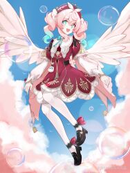1girl a_feng_feng_feng_jiang absurdres angel_wings aqua_eyes aqua_hair black_shoes blue_sky bubble chinese_commentary cloud commentary_request dress hat highres honkai:_star_rail honkai_(series) hyacine_(honkai:_star_rail) medium_hair midriff miyoushe_watermark multicolored_hair pantyhose pink_hair red_dress red_hat shoes sky smile solo two-tone_hair watermark white_pantyhose wings
