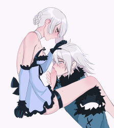 1boy 1futa asymmetrical_hair bandaged_neck bandages black_ribbon blue_eyes blue_jacket blue_negligee braid braided_hair_rings breasts fellatio fur-trimmed_jacket fur_trim futa_with_male futanari hair_rings hand_on_another&#039;s_head jacket kaine_(nier) large_penis lingerie medium_breasts medium_hair negligee nier_(brother) nier_(series) oral penis ribbon thigh_strap underwear white_background white_hair yellow_eyes