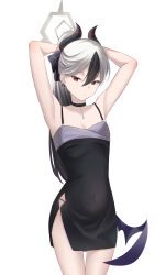 1girl absurdres armpits black_bow black_choker black_dress black_hair black_horns blue_archive bow breasts bunching_hair chiato111 choker cleavage commentary_request covered_navel demon_horns dress ear_piercing grey_hair hair_between_eyes hair_bow halo highres horns kayoko_(blue_archive) kayoko_(dress)_(blue_archive) long_hair looking_at_viewer official_alternate_costume official_alternate_hairstyle piercing purple_wings red_eyes simple_background single_wing small_breasts solo standing white_background wings