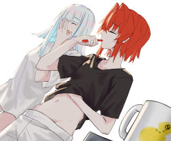 Rule 34 | 2girls, alternate costume, ange katrina, bite mark, bite mark on arm, bite mark on neck, bite mark on thigh, black shirt, blue hair, blunt bangs, breasts, brushing teeth, closed eyes, collarbone, commentary, covering own mouth, cup, dutch angle, elmida, groin, hair intakes, hand over own mouth, hand under clothes, hand under shirt, hand up, highres, holding, holding toothbrush, lize helesta, long bangs, long hair, long shirt, long sidelocks, morning, mug, multicolored hair, multiple girls, navel, nijisanji, open mouth, red hair, sebastian piyodore, shirt, short hair, short sleeves, shorts, sidelocks, simple background, small breasts, stomach, streaked hair, t-shirt, tearing up, toothbrush, toothbrush in mouth, two-tone hair, virtual youtuber, white background, white hair, white shirt, white shorts, yawning, yuri