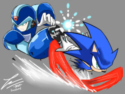 absurdres arm_cannon armor armored_gloves blue_eyes blue_fur blue_hair capcom energy_ball energy_orb exusiasword fighting_stance forehead_jewel gauntlets gloves grey_background headphones hedgehog hedgehog_boy helmet highres joints looking_to_the_side mechanical_arms mega_man_(series) mega_man_x_(series) powering_up red_shoes robot robot_joints running sega shoes shoulder_armor sonic_(series) sonic_the_hedgehog sparks weapon white_gloves x_(mega_man)